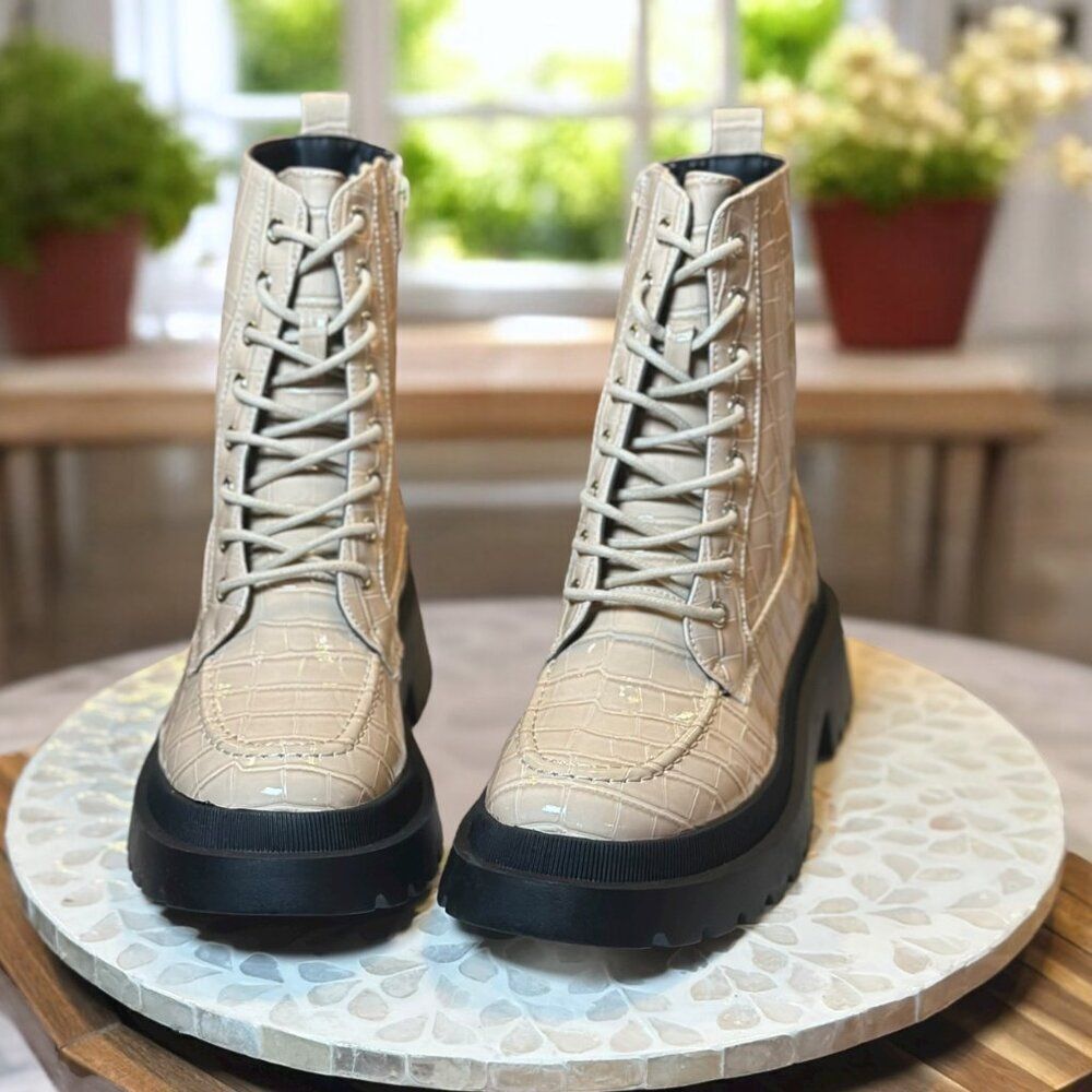 Topshop Kara Lace-Up Combat Boots Croc Embossed Beige Lug Sole Women’s 9.5 / 40 - Picture 2 of 15